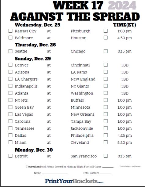 NFL week 17 printable sheet